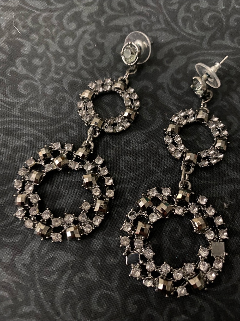 Gunmetal Crystal Double Hoop Drop Earrings - Women’s Jewelry